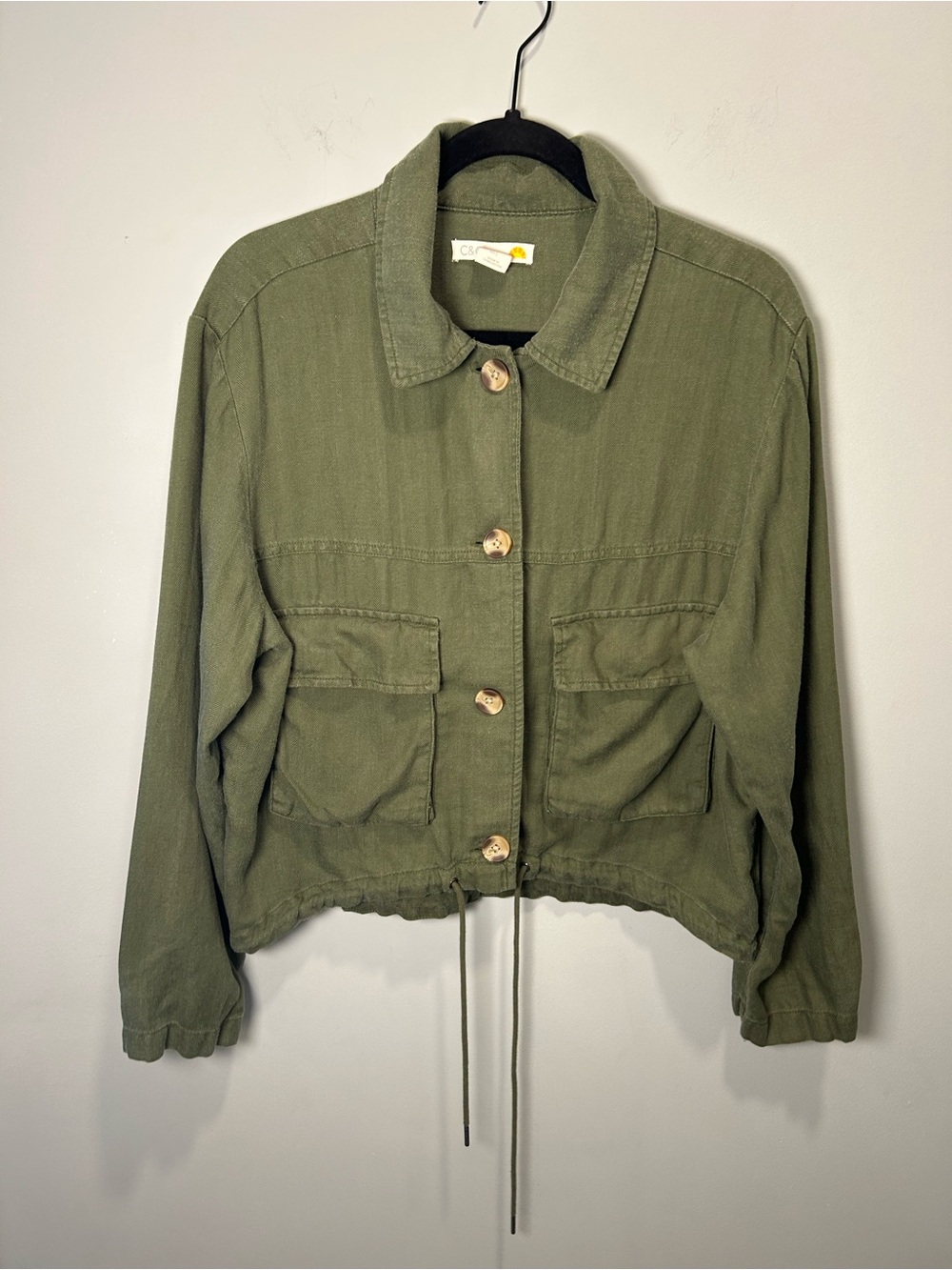 ☀️C&C California Olive Green Cropped Utility Jacket Linen Blend Large